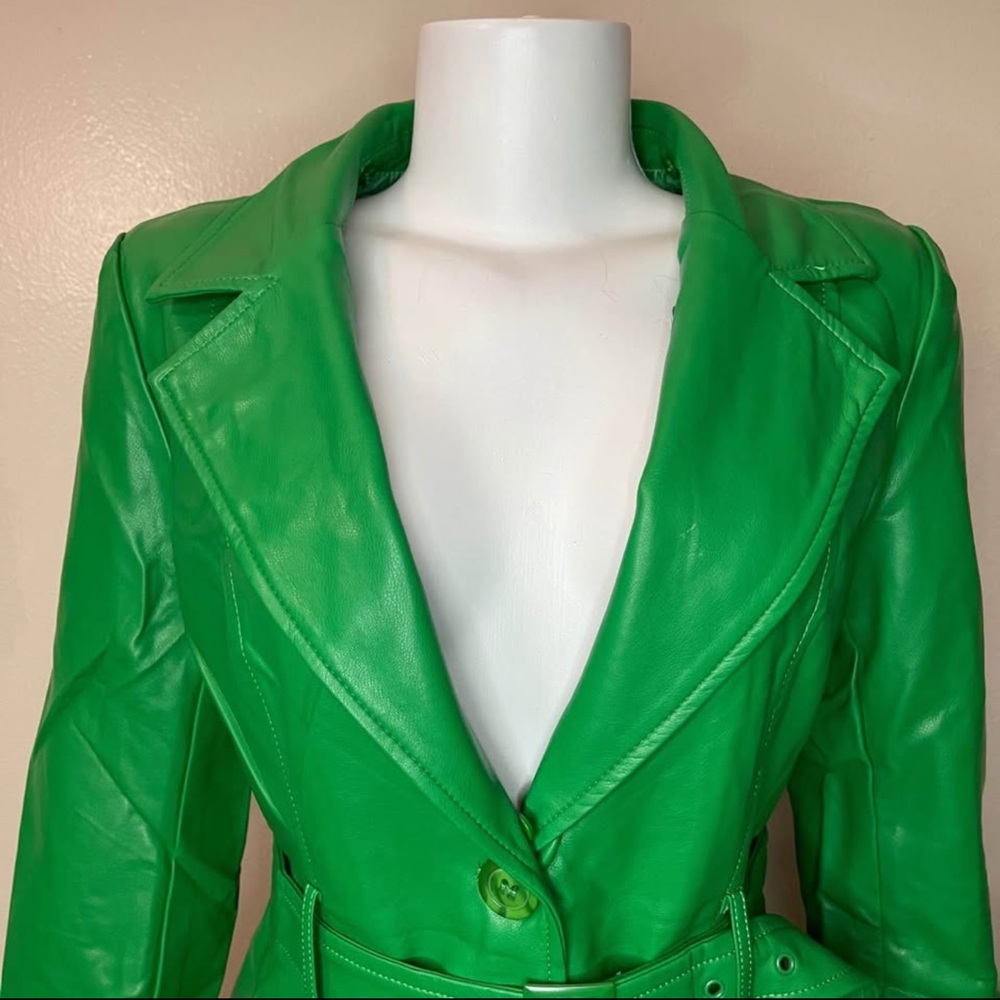 Green faux leather single breasted removable faux fur on collar trench coat - Picture 7 of 13